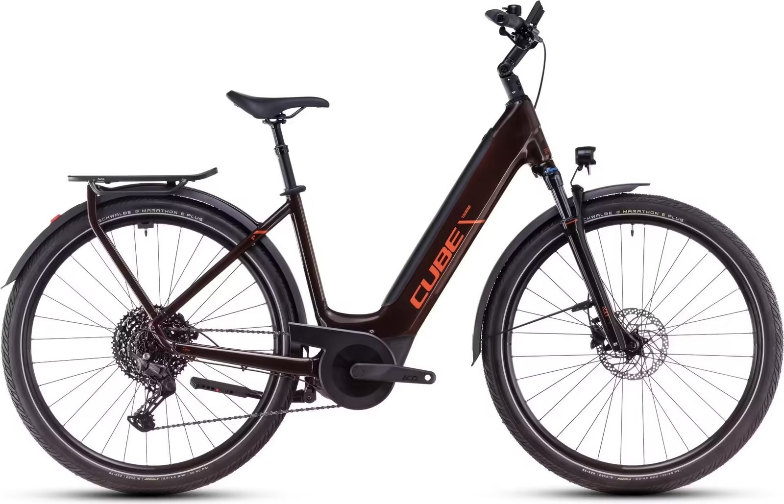 VTC Électrique Cube Touring Hybrid Pro 625 Easy Entry Shimano Cues 11V 625 Wh 700 mm Marron Orange Cinnamon 2025